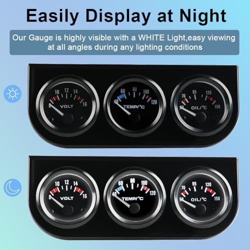 Waterwich WATERWICH-SK-SU859 Triple Gauge Kit 2 Inch 52Mm Car Meter Auto Gauge 3 In 1(Voltmeter + Water Temperature Gauge + Oil Temperature Gauge Dc 12V thumb #2