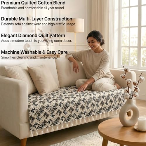 Image of BSB HOME Cotton Sofa Cover Throw with Tassels, Soft Breathable Fabric, Printed Couch Cover for Living Room, Lightweight Furniture Protector (27 x 70 Inches / 69 x 178 cm) (Beige & Charcoal Black)
