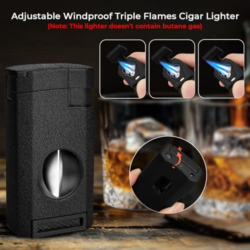 All-in-one Cigar Lighter, Torch Lighter with Cigar Cutter V Cut & Cigar Holder, Cigar Gifts for Men, Refillable Triple Jet Flame Windproof Butane Lighter, Cigar Accessories, Cool Lighters for Smoking - Image 2