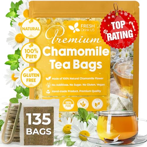 Image of FRESHDRINKUS, 135 Chamomile Tea Bags, 100% Natural and Pure Chamomile Flowers, Eco-conscious Tea Bags. Chamomile Flower Herbal Tea. No Sugar, No Caffeine, No Gluten, Vegan.