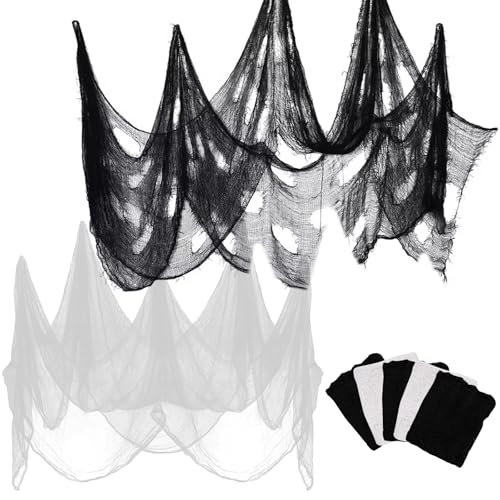 Fantasyon 5 Pcs Halloween Creepy Cloth, 79 x 157 Inch Black and White Scary Spooky Cloth Creepy Gauze for Halloween Party Indoor Outdoor Spook Houses Window Decorations(3 Black + 2 White)