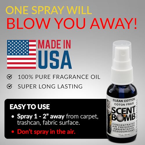 Image of Scent Bomb Air Freshener Spray, Long-Lasting Odor Eliminator - Effective Deodorizer for Home & Car, Fresh Room Spray for Kitchen, Bathroom & Smell Neutralizer - 1 oz Pack of 4, Clean Cotton Scent