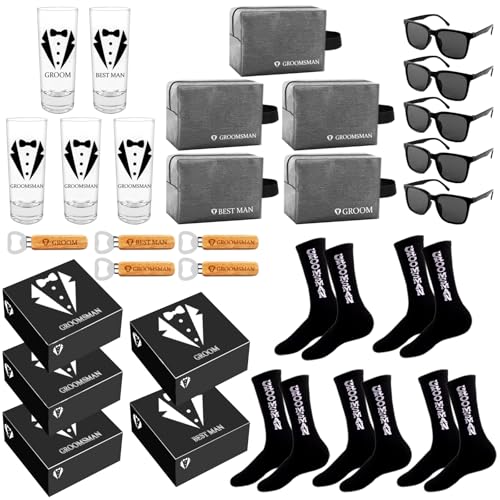 Mhoel Groomsmens Gifts Set of 5,Groom Best Man Groomsmen Proposal Gifts,2oz Shot Glass,Black Sunglasses,Oxford Bags,Bottle Openers,Black Proposal Boxes,Socks,Wedding Bachelor Party for Groom