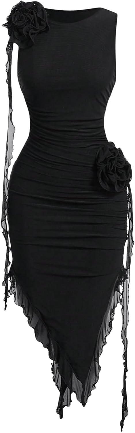 OYOANGLE Women's Bodycon Dress 3D Floral Ruched Round Neck Sleeveless Ruffle Hem Midi Dress