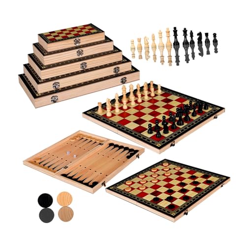 Perfeclan Juego de Ajedrez Tablero Portátil 3 en 1 Damas Reversibles con Piezas de Madera y Almacenamiento Adecuado para Adultos y Niños Viajes Reuniones