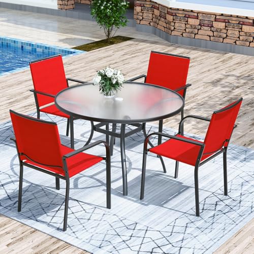 Image of Anmutig 5-Piece Outdoor Patio Dining Set, 40-Inch Round Glass Table with 4 Stackable Chairs,Red