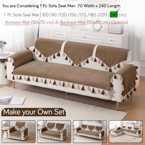 Image of HOKIPO Premium Holland Velvet Sofa Cover with Tassel for 1 /2 /3 Seater & L Shape Sofa | Make Your Own Set, 'TasselTone Series' Sofa Mat, 70(W) x 240(L) cm, Warm Taupe (IN-1111-BRN)