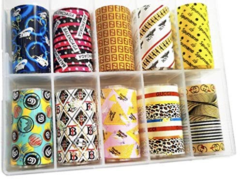 DESIGNER NAIL FOIL BOX WITH 10 ROLLS. NAILS TRANSFER FOIL. POPULAR NAIL FOILS. POPULAR NAIL WRAPS.