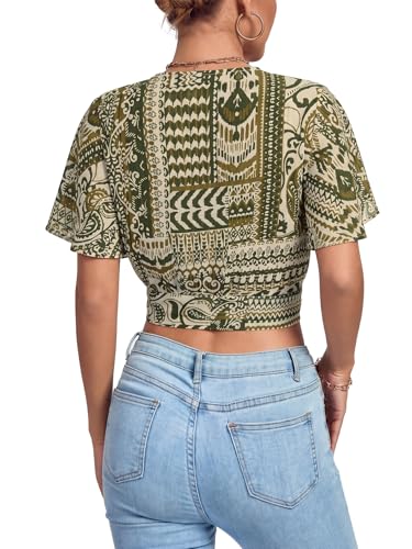 Image of LYANER Women's Sexy Deep V Neck Tie Front Wrap Cropped Blouse Bell Short Sleeve Ruffle Crop Tops