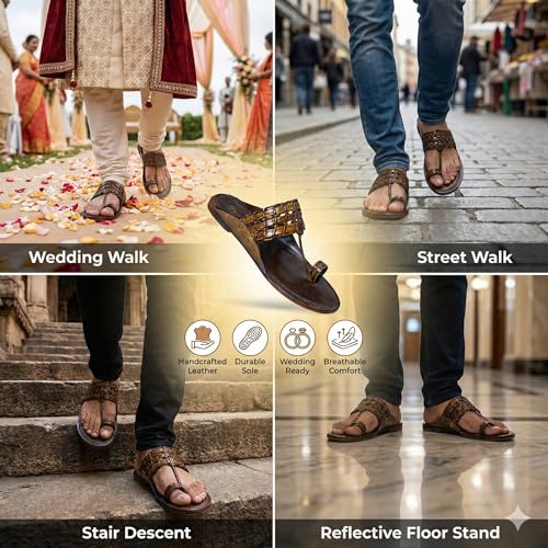 Image of Kolhapuri Chappal for Men Original, Pure Leather Handcrafted Traditional Kolhapuri Chappal for Man Formal Footwear for Weddings & Parties, Ethnic Wear & Daily Comfort
