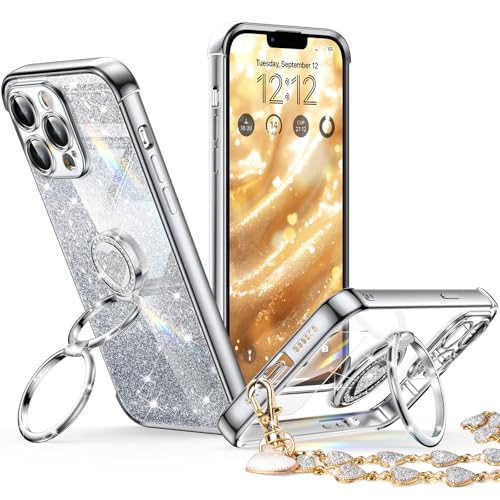 Coque iPhone 13 Pro transparente avec béquille double anneau rotatif et paillettes