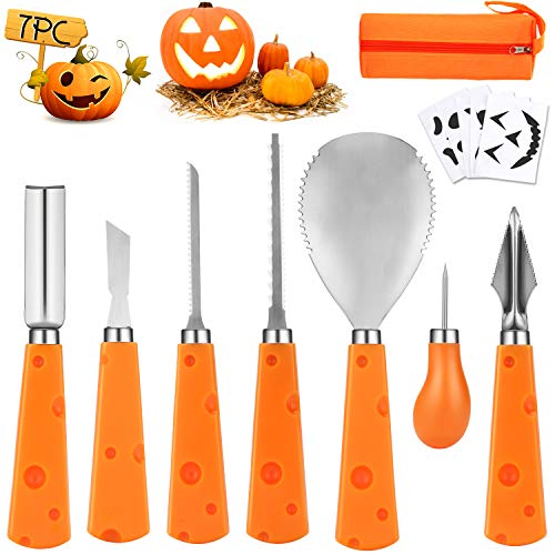 WOTEK - Set de tallado de calabaza para Halloween, herramienta de tallado para niños, cuchillo tallado para manualidades, decoración de calabazas, con 6 plantillas de carving