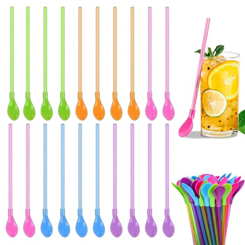 Cucchiai di paglia riutilizzabili 20 pezzi, paglia plastica con cucchiaio 2 in 1, 23cm multicolore per granite frullati bibite fredde cocktail milkshake succhi di frutta e bubble tea