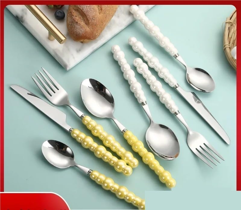 Silverware Set, 2/8/12/16/20/24pcs Retro Light Luxury Ceramic Pearl Handle 304 Stainless Steel Knife, Fork And Spoon Tableware Set, Home Cutlery Flatware Set(Pink,16 Pieces for 8)