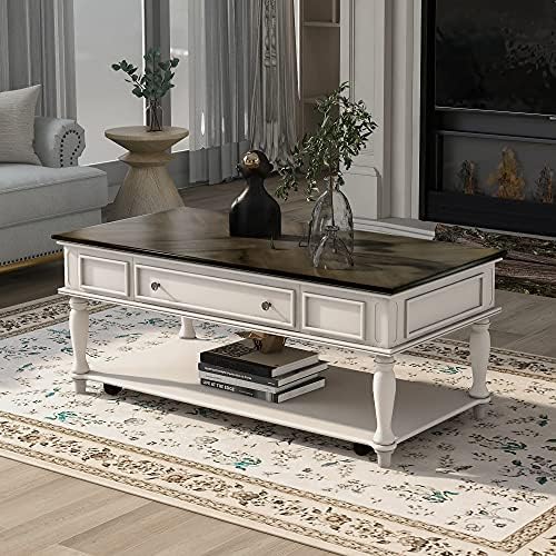 AOCOROE Large Wood Coffee Table with Lockable Casters French Country Style Coffee Table with Drawers. 47 Inch Center Table for Living Room