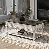 AOCOROE Large Wood Coffee Table with Lockable Casters French Country Style Coffee Table with Drawers