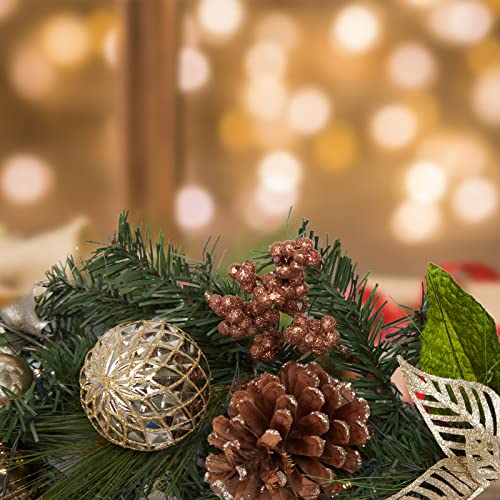 6ft Gold Christmas Garland with Lights, Lighted Xmas Garland with Golden Brown Ball Ornaments, Pre-Lit Christmas Garland Decorations for Indoor Outdoor Mantal Fireplace Banister Porch Decor