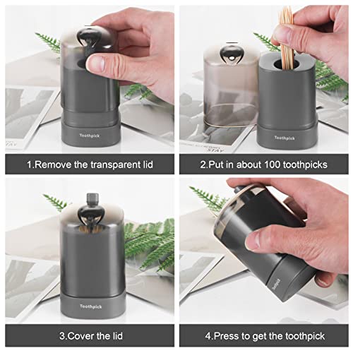 TRTRin Toothpick Dispenser-With Bamboo Wooden Toothpicks [1000 Count], Pop-Up Automatic Toothpick Holder Dispenser, for Kitchen Restaurant Sturdy Safe Container Grey toothpick holder. - Thumbnail 4