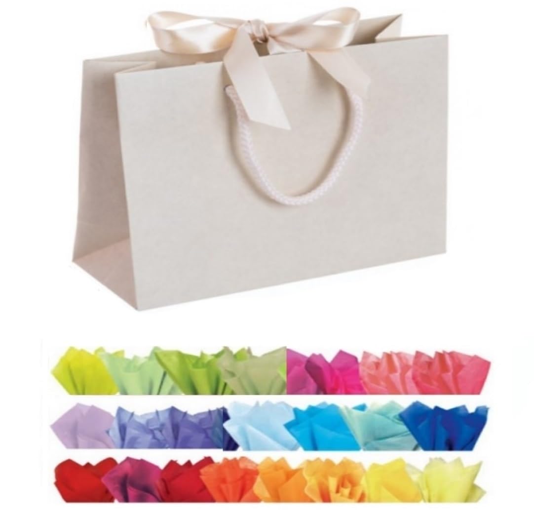 Natural Or Cream Boutique Shop Ribbon Tie Gift Bags Rope Handle Events Bag Plus Tissue Wrap (Cream Large, 15 Bags) — image 1