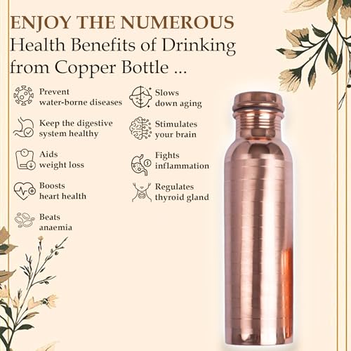 Image of Copper Water Bottle with 2 Glass | 1 Liter Leak Proof Reusable Copper Drinking Bottle | Ayurvedic Copper Bottle for Daily Hydration, Home, Office & Travel