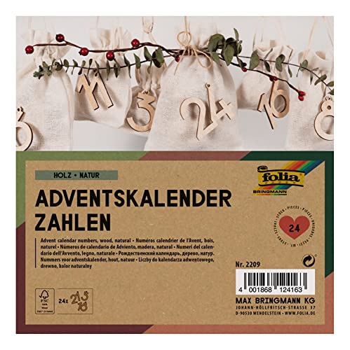 folia 2209 - Adventskalender Zahlen Holz natur 24 Zahlen aus Holz zum Aufhängen