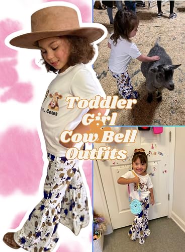 Image of Toddler Girl Cow Bell Outfits - Print T-shirt Flare Pants Bottom Short Sleeve Peace Love Letter Top Tie Dye Clothes