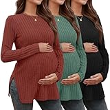 Sweetyweee 3 Pack Women's Maternity Shirts, Ribbed Long Sleeve Pregnancy Sweaters Knit Split Side Crew Neck Tunic Tees Tops(Black, Sapphire Green, Brick Red,Large)