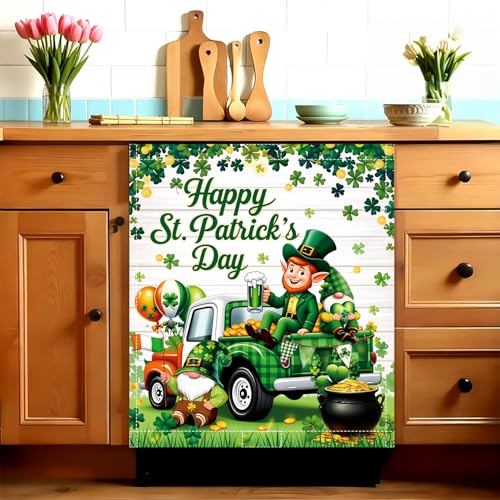 Image of St Patricks Day Dishwasher Magnet Cover Lucky Shamrocks Clover Dishwasher Magnetic Covers for Kitchen 23x26 in St Patrick's Home Decor Refrigerator Magnets Sticker Green Fridge Panel