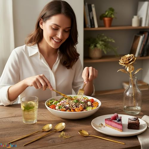 Image of Slim Handle Gold 24 Pcs Stainless Steel Cutlery Set for Dining Table, Dishwasher Safe Glossy Flatware (6 Spoon Set+6 Forks Set+6 Butter Knife+6 Dessert Spoon)