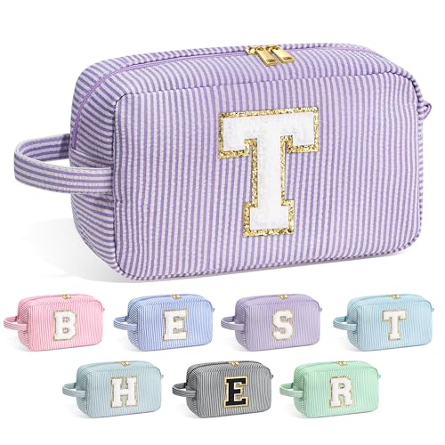 Image of YOOLIFE Teacher Appreciation Gifts for Women - Initial Makeup Bag Letter Toiletry Pouch Cosmetic Case, Personalized Birthday Gifts for Women Girls Mom Daughter Sister Friends, Purple T