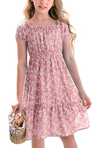 Image of Poploli Girls Summer Dress Kids Floral Square Neck Puff Sleeve A-Line Midi Dresses
