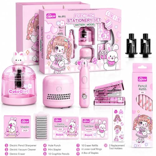 Image of Magicwand Battery Operated Pencil Sharpener,Electric Eraser,Vacuum Cleaner Stationery Set with 10 Eraser Refills for Kids,Adults for Home Office School【Flamingo Pink】