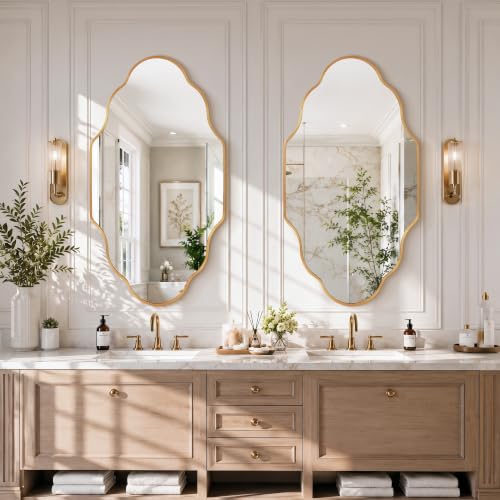 Image of Irregular Wall Mirror, Gold Scalloped Mirror | Brushed Metal Frame, HD Glass Decorative Mirror for Wall Decor, Vanity Mirror for Living Room Entryway (24 inch x 36 inch, 1 Pack)