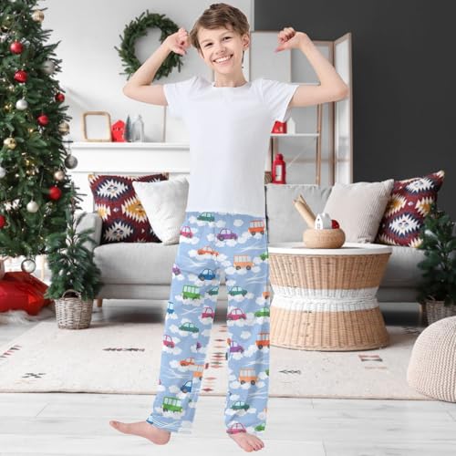 Boy's Pj Pants Colorful Bus Lounge Bottoms Elastic Waist Kids Joggers with Pockets Size 6-142