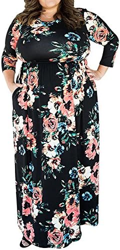 HOOYON Women's Casual Floral Printed Long Maxi Dress with Pockets(S-5XL),Black Plus,XX-Large