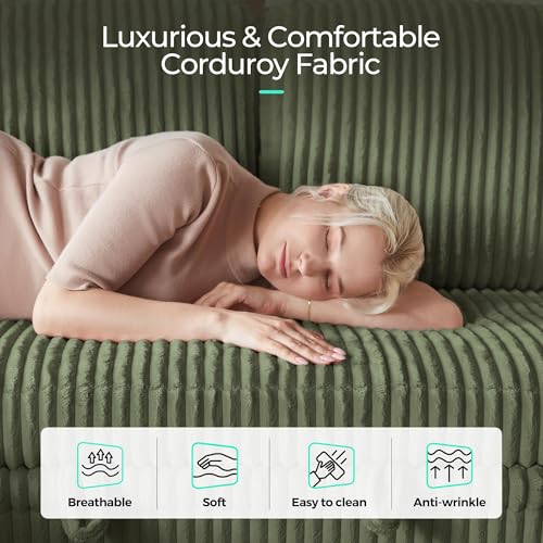 Image of LINSY HOME Sectional Sleeper Sofa with Pull Out Couch Bed Convertible Plush Corduroy Cloud Couch with Storage Chaise & USB Charging, Comfy L Shaped Modular Couches for Living Room Apartment (Green)