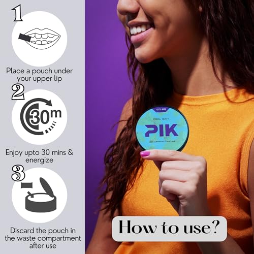 Image of PIK Caffeine Pouches - Cool Mint Flavor | 20 Pouches -100mg Strength Each | Nicotine & Tobacco Free | Energy Boost & Workout Supplement | Coffee Addicts' Delight | Fresh & Minty
