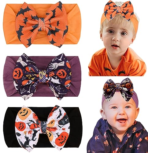 Image of VOBOBE Halloween Baby Headbands Cheer Bow - Orange Pumpkin Hair Bow With Ghost Bat Print, Elastic Nylon Hairbands for Baby Girls, Newborn Infant, 3 Pcs (Halloween-A)