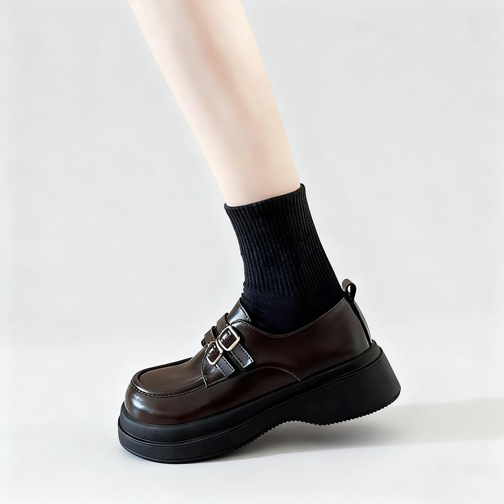 MGGMOKAY Women's Chunky Loafers Leather Loafer Shoes with Adjustable Double Buckle - Image 3