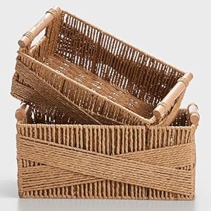 Storage basket with handle large rectangular wicker basket for organizing decorative wicker storage basket woven basket organizers for living room set of 2 yellow  urban country home decor