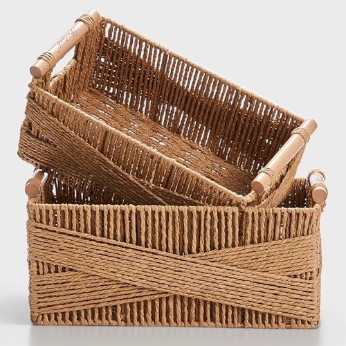 Storage Basket with Handle Large Rectangular Wicker Basket for Organizing Decorative Wicker Storage Basket Woven Basket Organizers for Living Room Set of 2 Yellow