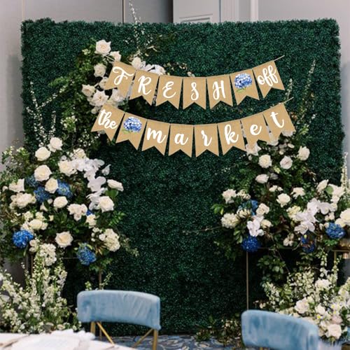 Image of Fresh Off The Market Bridal Shower Banner Farmer's Floral Bachelorette Party Supplies Blue Hydrangea Burlap Garland