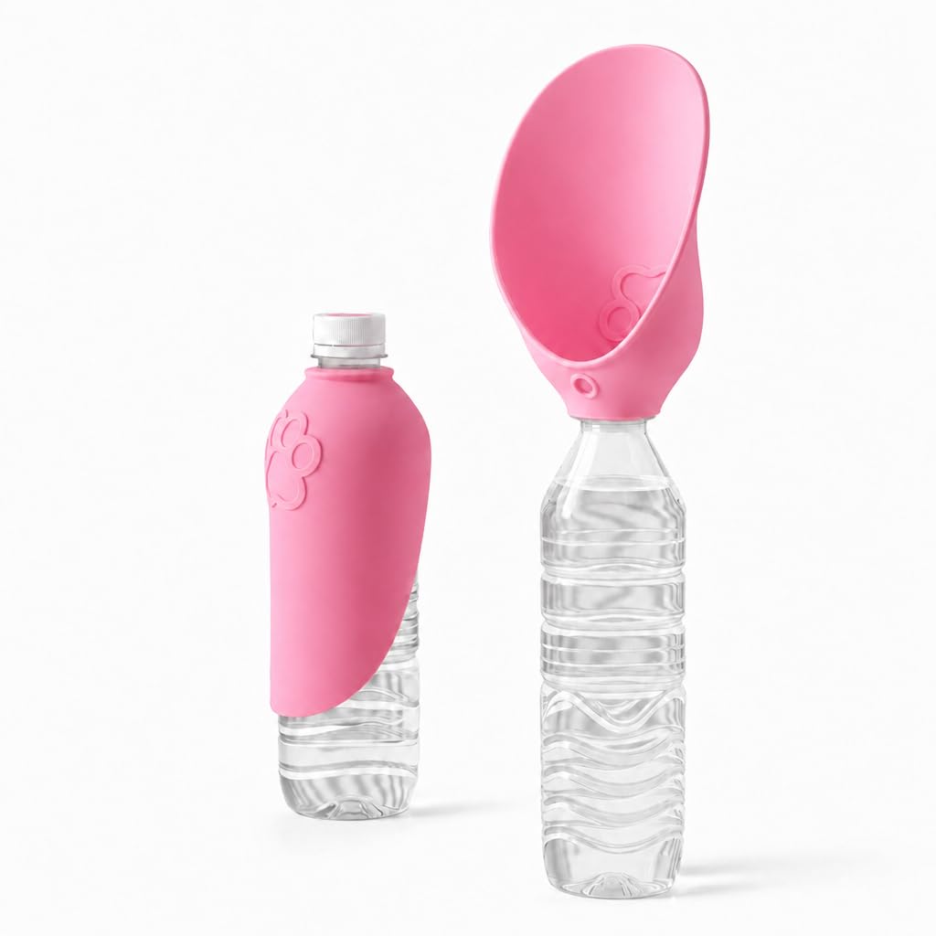Portable Dog Water Bottle, 2Pack Silicone drinking cap for bottles dogs, Practical Folding Water Container, Silicone portable dog water bottle adapter, For Walk and Camping Pet Camping (Pink*2)