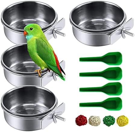 kathson Stainless Steel Bowls for Birds,4 Pcs Parrot Feeder Dish Cups,Bird Cage Water Food Bowl Coop Cup with Clamp Holder for Parrots Cockatiel Budgies Parakeet Lovebird(M)