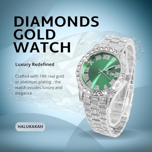 Image of Halukakah Diamonds Gold Watch Iced Out for Boy Teens Kids - 18K Real Gold /Platinum Plated,42mm Blue /Green /Red Dial,Japanese Quartz - 8 inch Length - Optional with Cuban Link Chain,with Watch Adjuster Tool