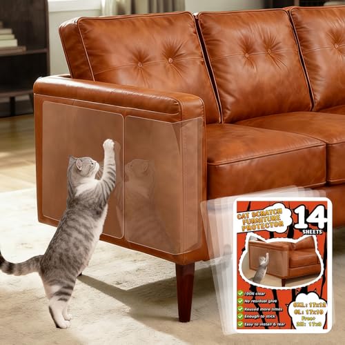 Anti Cat Scratch Furniture Protector (17x12 Inch) - 14 Pack, Designed for Leather Couch Protector from Cat Claws, Single Side, Easy to Remove, Reusable, No Residue, No Damage, Ultra Clear, 60 Pins