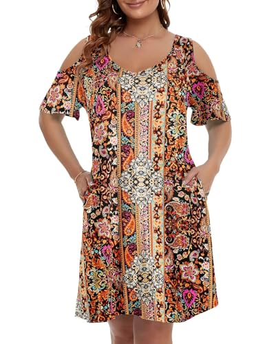 Image of JollieLovin Womens Plus Size Short Sleeve Cold Shoulder V Neck T-Shirt Dress with Pockets