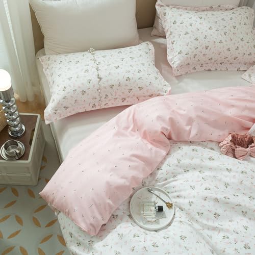 Image of VM VOUGEMARKET Reversible Pink White Flower Duvet Cover Set Full 100% Cotton Girls Aesthetic Garden Style Duvet Cover with 2 Pillowcases (3 pcs,80x90Inch)-no Filling