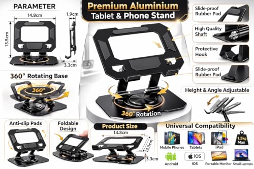 Image of Aluminium Tablet Stand Holder, 360 Rotating Base, Height & Angle Adjustable Metal Phone Stand, Foldable Desk Holder Compatible with All Tablets & Smartphones (Silver)