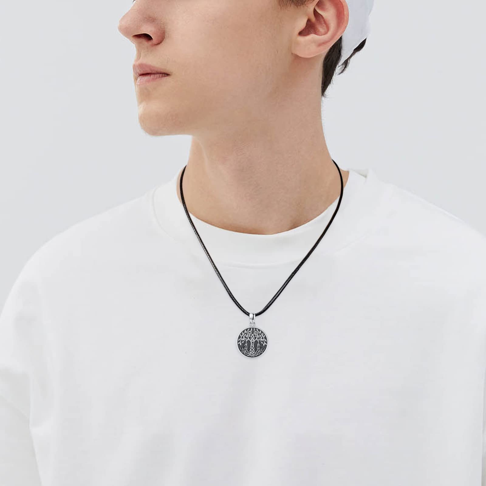 Cadena de árbol de la vida para hombre de plata de ley 925 árbol de la vida cuervo lobo colgante celta nudo redondo amuleto vikingo joyas regalos para mujeres hombres